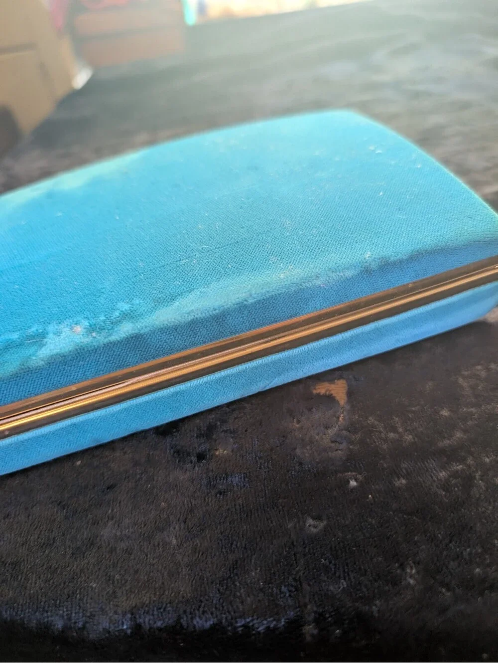 Vintage Blue Velvet Jewelry Box with Gold Trim